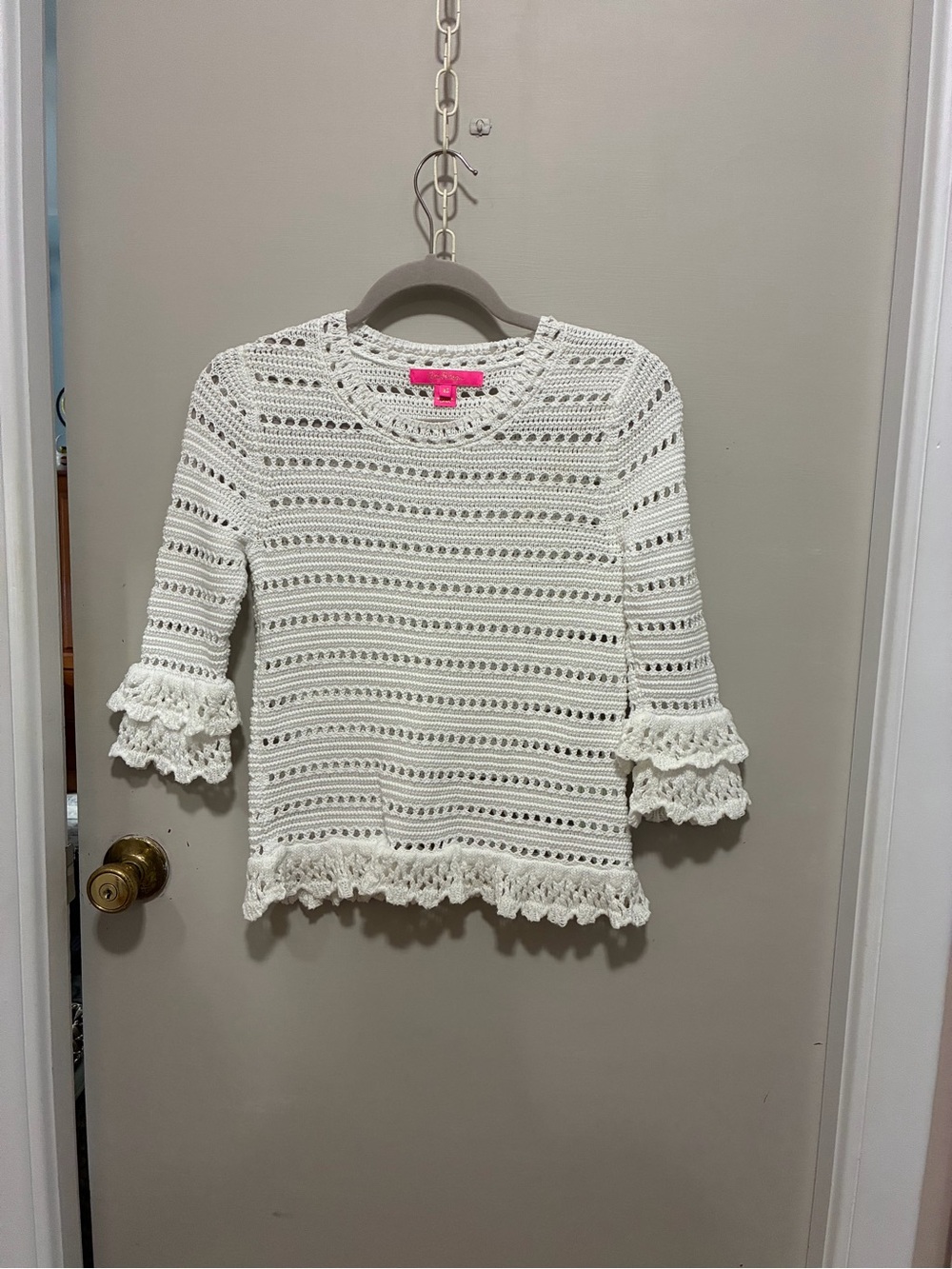 Lilly Pulitzer White Crochet Ruffle Sleeve Sweater